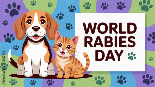 Cute dog and cat world rabies day awareness illustration with paw prints background