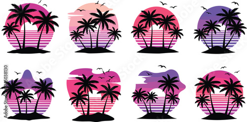 Retro 80s Synthwave Tropical Sunset Set with Palm Tree Silhouettes and Purple Gradient Sun for Summer T-Shirt Design and Retrowave