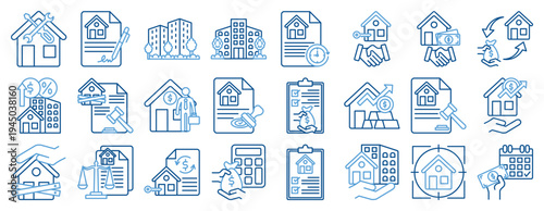 Real Estate and Property Icon Set. Line Style Icons Including mortgage, home loan, real estate contract, property tax, property investment, property appraisal, rent, home sale, and property management