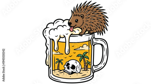 Hedgehog drinking from a beer mug with skull and palm trees inside tropical tattoo vector