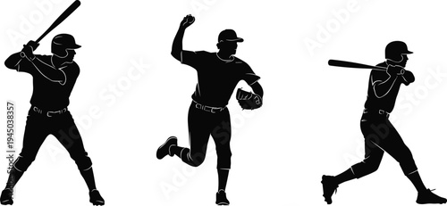 Set of Baseball Player Silhouettes Featuring Batter Hitting Ball and Pitcher Throwing for Sports Team Logo Design and Athletic Competition