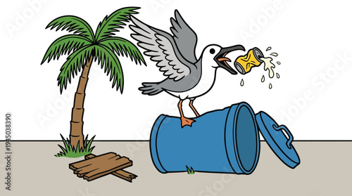 Funny seagull drinking from a can on a trash bin cartoon vector