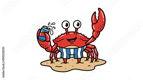 Funny crab wearing swimming trunks holding a beer can cartoon vector