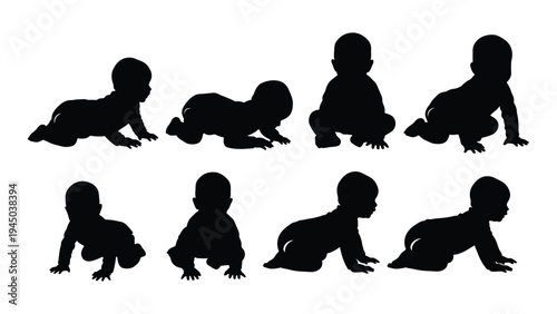 A series of infant developmental stages: silhouette illustrations of a baby crawling and moving across the floor in various positions and angles