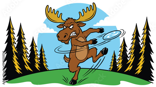 Angry moose throwing disc golf frisbee in forest mascot vector