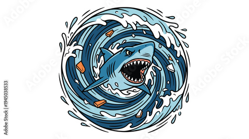 Aggressive angry shark in ocean water wave vortex tattoo vector