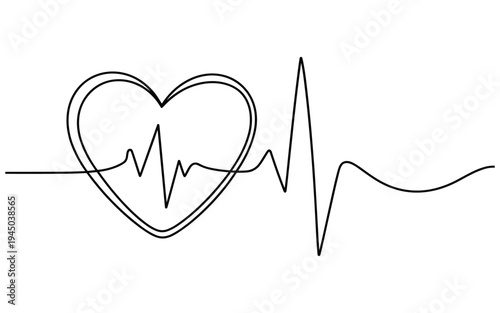 Heartbeat line art continuous drawing cardiogram pulse inside heart shape medical concept