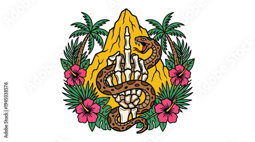 Skeleton hand middle finger wrapped by snake with tropical beach tattoo vector