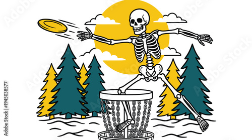 Skeleton playing disc golf in pine forest traditional tattoo vector