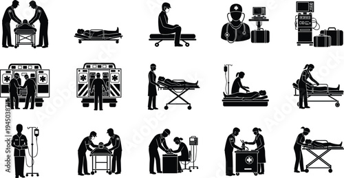 Emergency medical services silhouettes set with paramedics, ambulance crews, doctors treating patients on stretchers, first aid response, hospital staff, 