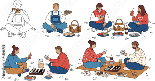 Flat vector illustration collection of diverse people enjoying an outdoor picnic eating snacks playing chess and card games isolated on a white background.