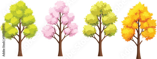 Flat vector illustration of a large green tree with pink blooming flowers and matching garden bushes isolated on white background for landscape nature design