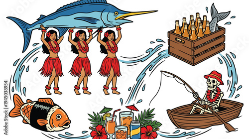 Tropical summer collage hula girls big fish and skeleton boat vector