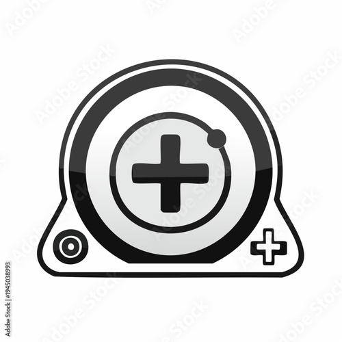 Sleek monochrome game controller icon featuring a prominent 'plus' sign, symbolizing new content, improved functionality, and engaging interactive experiences for users