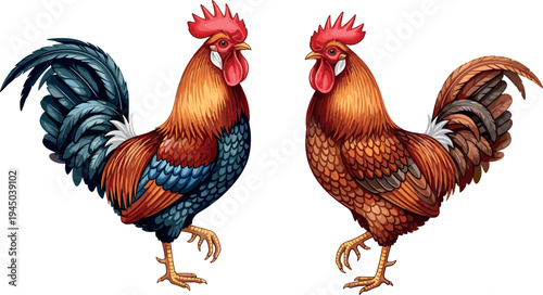 Rooster illustration set with colorful farm chicken birds isolated on white background, detailed poultry animal design for agriculture themes, rural life decoration and nature graphics
