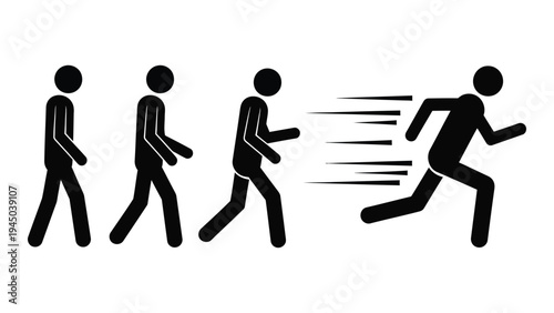 A stick figure illustration depicting a person transitioning from walking to running with motion lines emphasizing speed and movement in a simple yet dynamic visual representation.