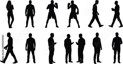 Collection of Diverse People Silhouettes with Boxing Poses Walking Figures and Men Conversing Isolated on White Background for Social and Active Lifestyle Design