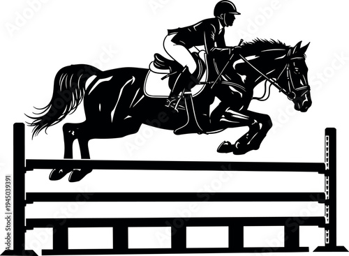 Show jumping horse and rider silhouette illustration, equestrian sport competition scene vector isolated on light background for racing, training and athletic performance design
