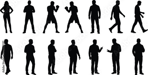 Diverse Set of People Silhouettes Featuring Boxing Poses Walking Figures and Men Conversing Isolated on White Background for Sports Action and Social Design Projects