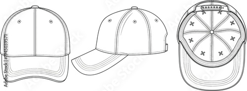 Technical Vector Mockup of an Adjustable Six Panel Baseball Cap Featuring Front Side and Interior Under Brim Views for Apparel Design and Manufacturing Templates
