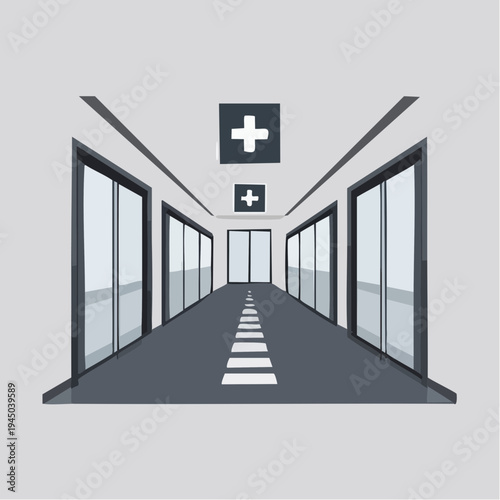 Bright and sterile hospital corridor illustration, featuring patient room doors and prominent medical cross symbols, representing healthcare and patient care environment