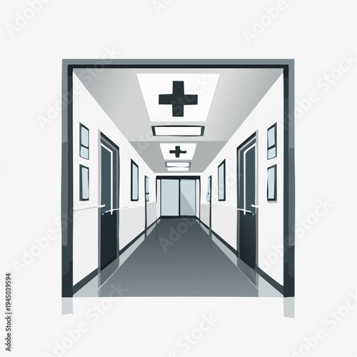 Modern Hospital Corridor with Doors and Medical Cross Signage