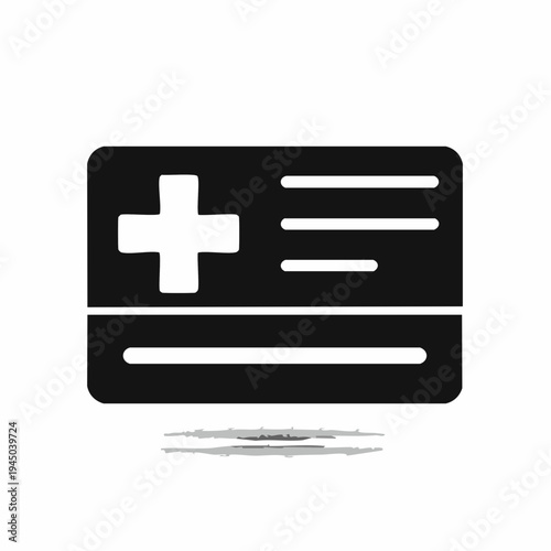 Sleek black silhouette icon of a health identification card featuring a prominent medical cross symbol and text lines, signifying patient access, healthcare records, and essential medical information