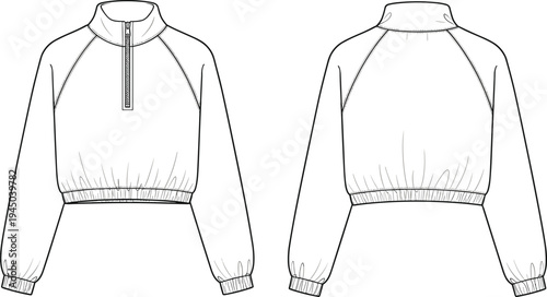 Professional fashion technical sketch of a women's cropped quarter-zip sweatshirt featuring raglan sleeves and elasticized cuffs for athletic apparel design and manufacturing production.