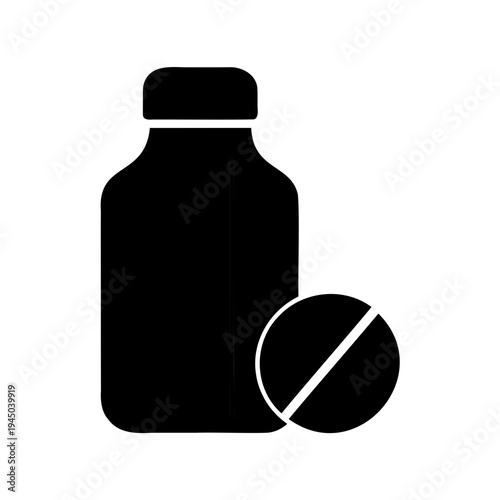 Restricted medication: a clear icon showing a bottle and a pill with a prohibitory symbol Vector, illustration