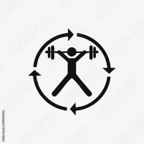 Illustration of a stick figure lifting weights, symbolizing fitness, strength training, and workout routines in a circular motion representing consistency and progress