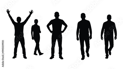 Five black silhouettes of people in different poses on a white background illustration