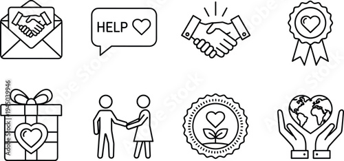 Set of Linear Vector Icons Representing Global Humanitarian Aid Partnership Handshakes Help Speech Bubbles Charitable Giving World Peace and Community Support