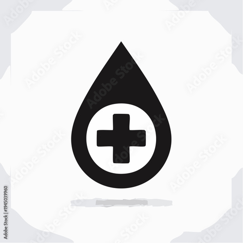 Stylized black icon depicting a blood drop with an embedded white cross, symbolizing health, medical care, donation, and emergency services, for graphic design