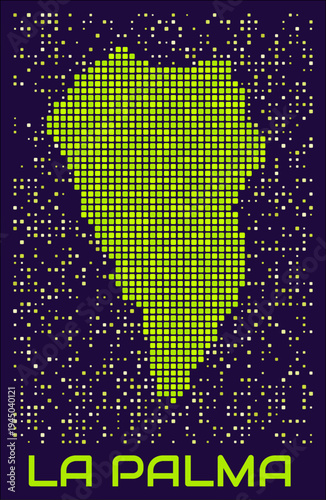 La Palma dots map. Spain. Digital style shape of the island. La Palma map and title lime colored square dots with round corners. Classy Vector Illustration.