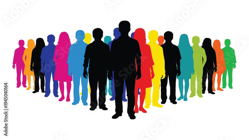 Diverse group of people standing together in unity and solidarity with vibrant colors