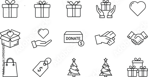 Set of Linear Vector Icons Representing Holiday Gift Giving Charity Donations Christmas Trees Shopping Tags and Community Support Symbols for Business