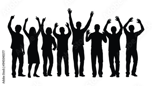 A group of people standing together in solidarity with raised arms, conveying a sense of unity, celebration, and triumph in a simple yet powerful visual representation.