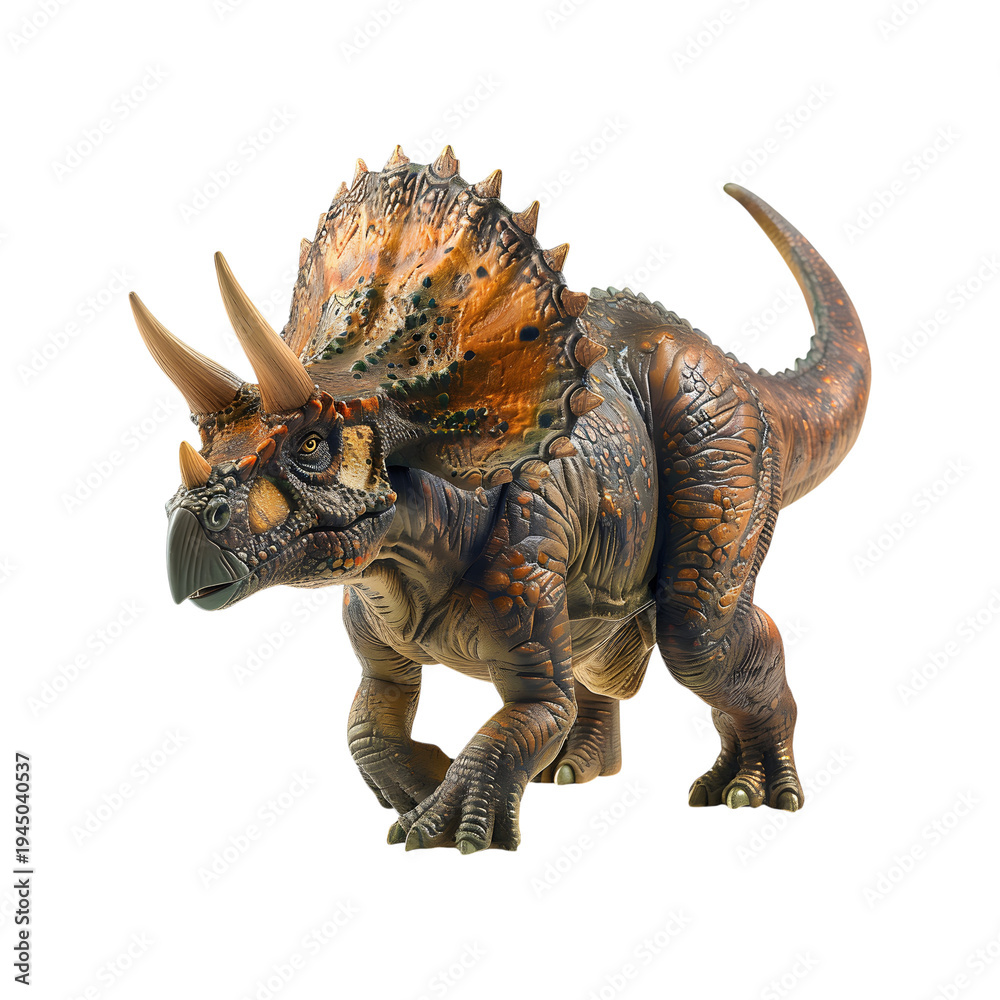 Fototapeta premium A brown and orange toy triceratops dinosaur standing isolated on transparent background