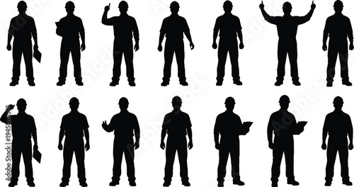 Professional set of construction worker silhouettes and black pictograms featuring builders using tools, operating heavy machinery, mixing concrete, and performing diverse site labor activities.