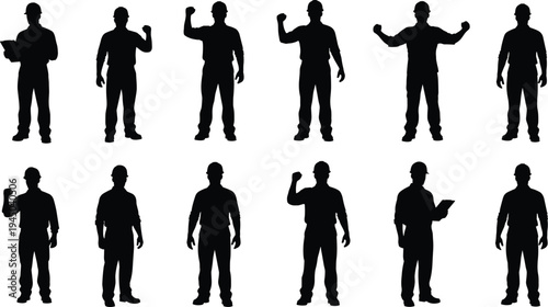 Professional construction worker silhouettes and pictograms set featuring builders operating machinery, using power tools, mixing concrete, and performing manual labor for industrial site projects.