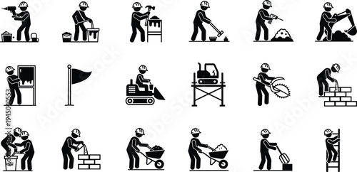 Professional construction worker pictograms set featuring builders using power tools, mixing concrete, operating heavy machinery, laying bricks, and hauling materials for industrial site developmen