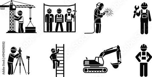 Professional construction industry black and white pictograms set featuring heavy machinery operators, welders, surveyors, crane workers, engineers, and laborers for industrial site safety developmen