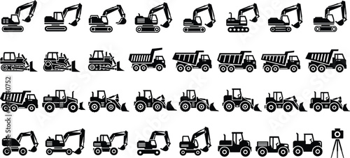 Comprehensive collection of black vector silhouettes featuring high voltage electrical pylons, various farm animals, industrial factory buildings, and diverse human profiles for energy and community.