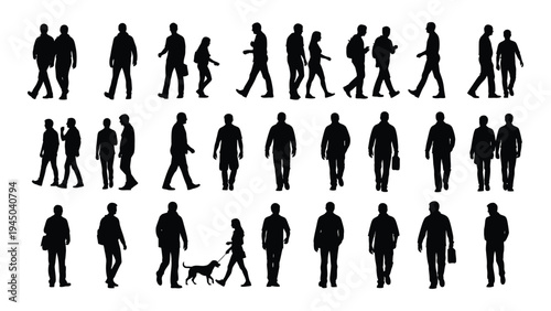 Collection of diverse human silhouettes in various walking postures and positions on white background