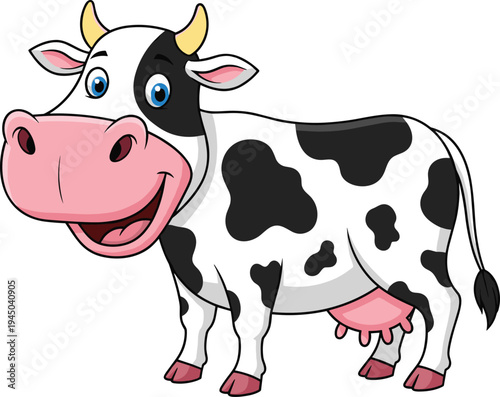 Happy cartoon dairy cow with black spots and pink udder standing isolated on a white background for children's books, farm education, and agricultural illustrations.