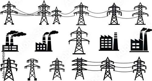 Comprehensive collection of black vector silhouettes featuring electrical transmission towers, power line pylons, industrial factory buildings, and diverse human profile silho