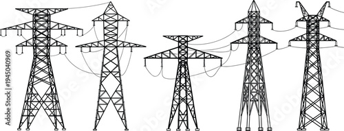Comprehensive collection of vector silhouettes featuring high voltage electrical pylons, farm livestock, diverse human profiles, and people in various sitting and meditative poses for design.