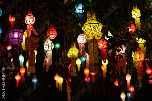 Colorful lanna lanterns decorating Wat Phantao temple in Chiang mai
