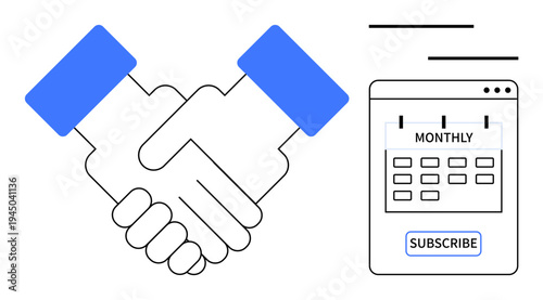 Handshake and digital calendar with subscription button. Ideal for partnership, business deal, commitment, subscription, planning, teamwork, agreements. Communicates trust and collaboration in simple