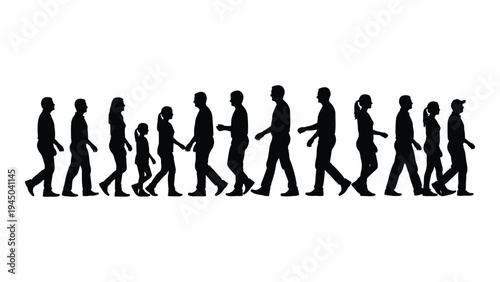 Evolution of human silhouettes in a uniform walking motion depicting growth and development